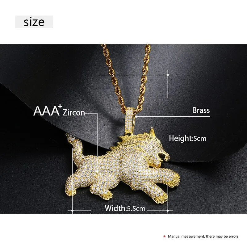 18K Gold Plated Iced Out Lion Animal Pendant Necklace