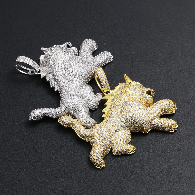 18K Gold Plated Iced Out Lion Animal Pendant Necklace