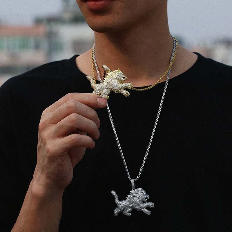 18K Gold Plated Iced Out Lion Animal Pendant Necklace
