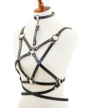 8 Strap Inverted Pentagram Harness w/ Attached Choker and Belt