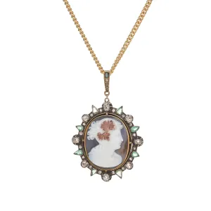 Antique Victorian 14/15k  Agate Cameo Pendant/ Brooch w/  Emerald & Diamond Border