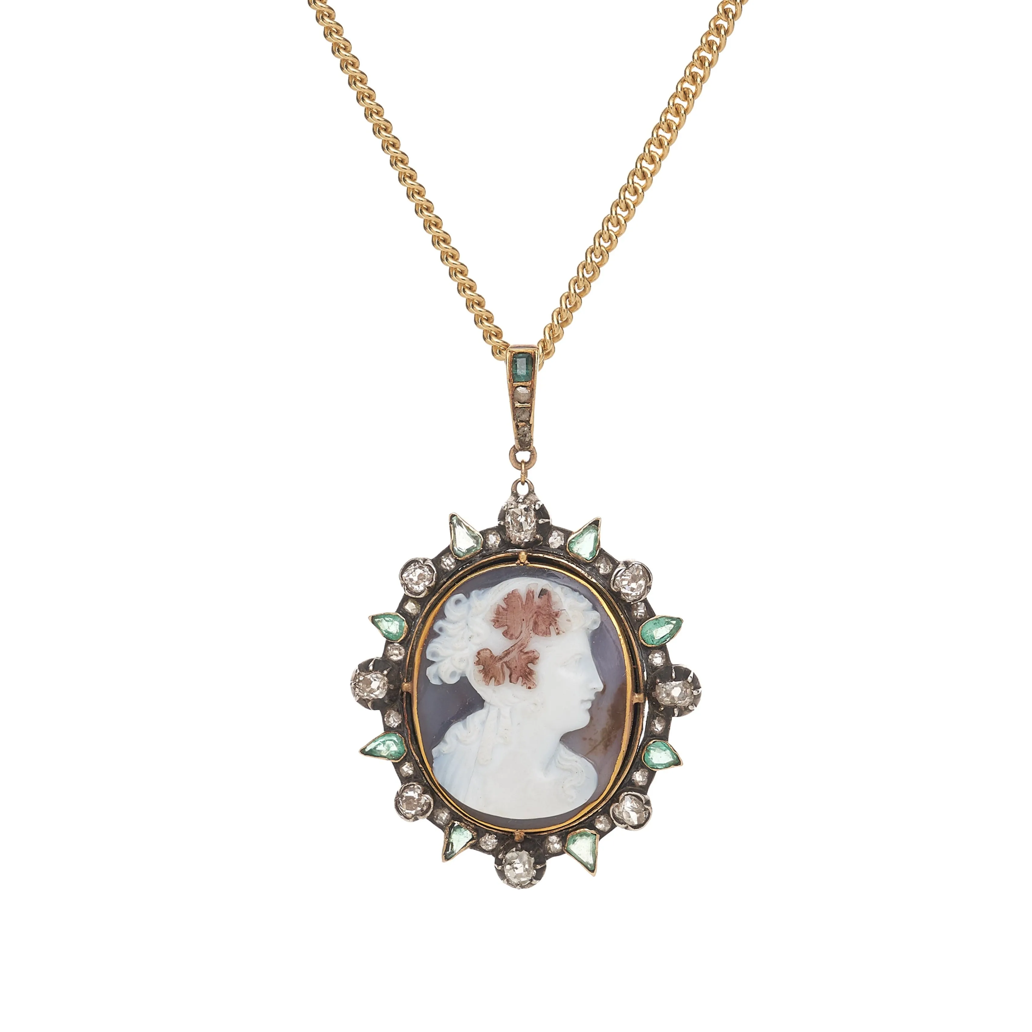 Antique Victorian 14/15k  Agate Cameo Pendant/ Brooch w/  Emerald & Diamond Border