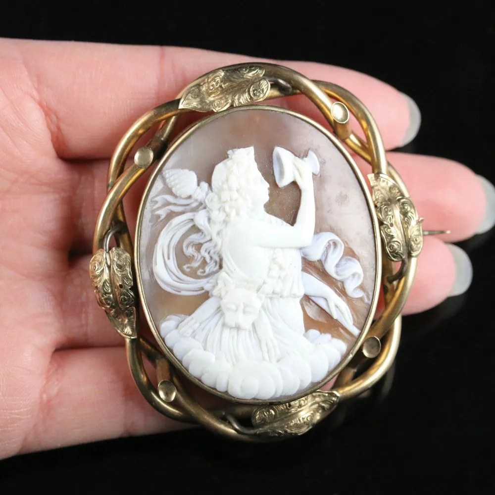 Antique Victorian Bacchus Shell Cameo Brooch Pinchbeck Frame