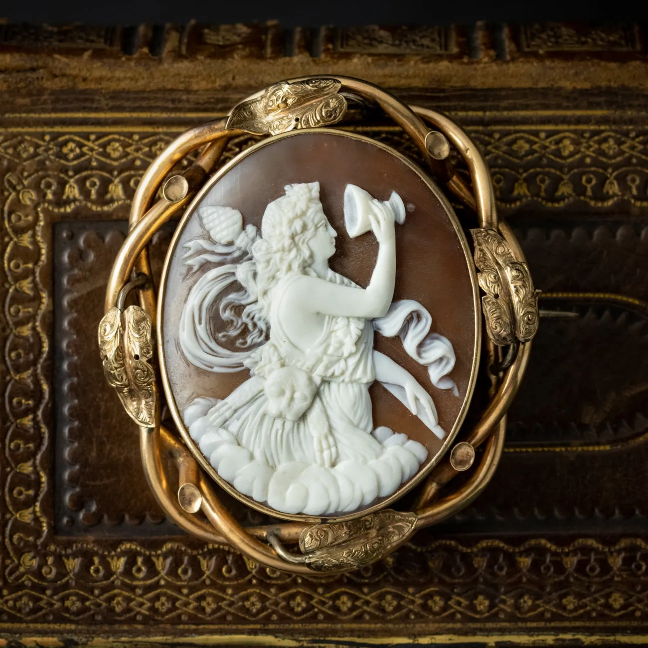 Antique Victorian Bacchus Shell Cameo Brooch Pinchbeck Frame