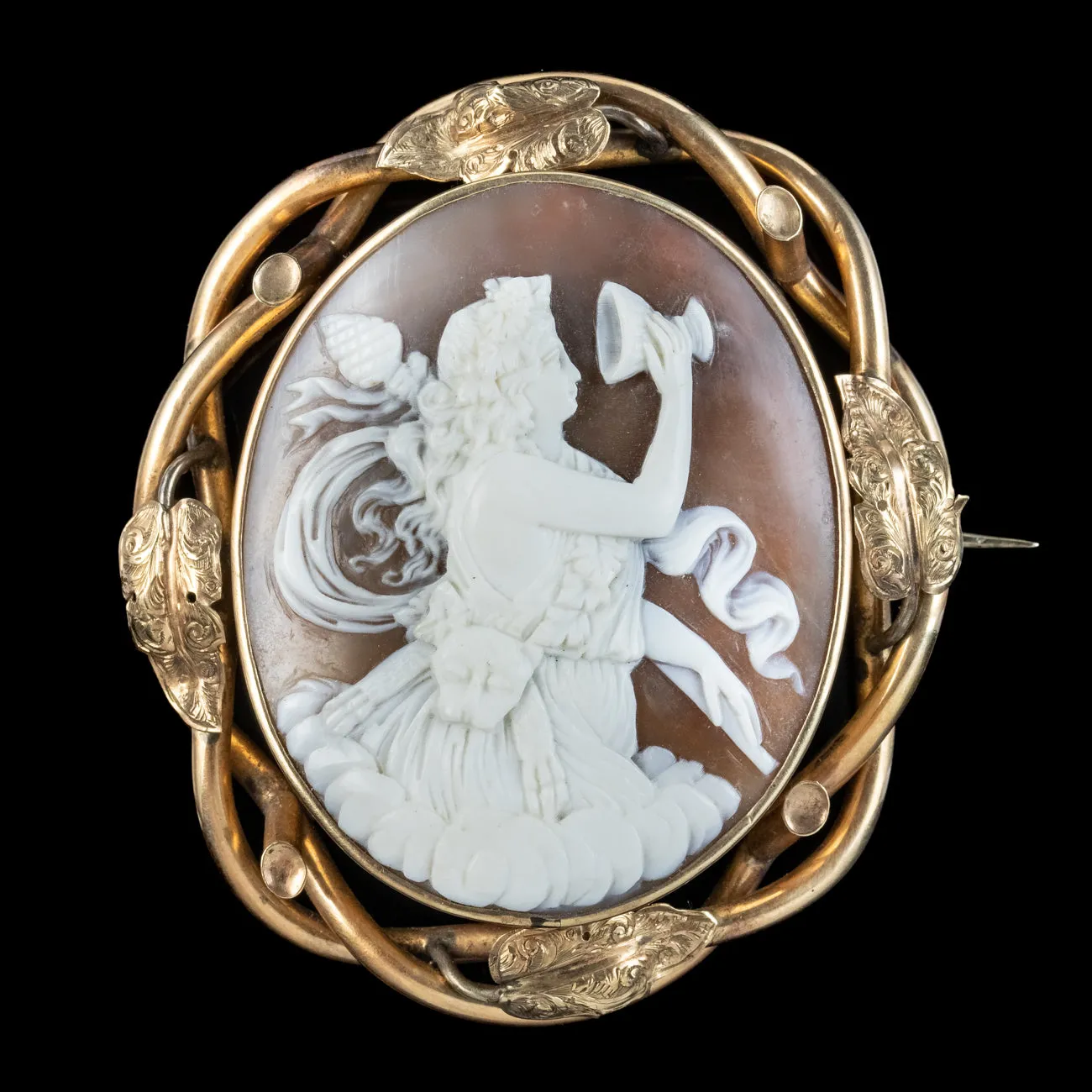 Antique Victorian Bacchus Shell Cameo Brooch Pinchbeck Frame
