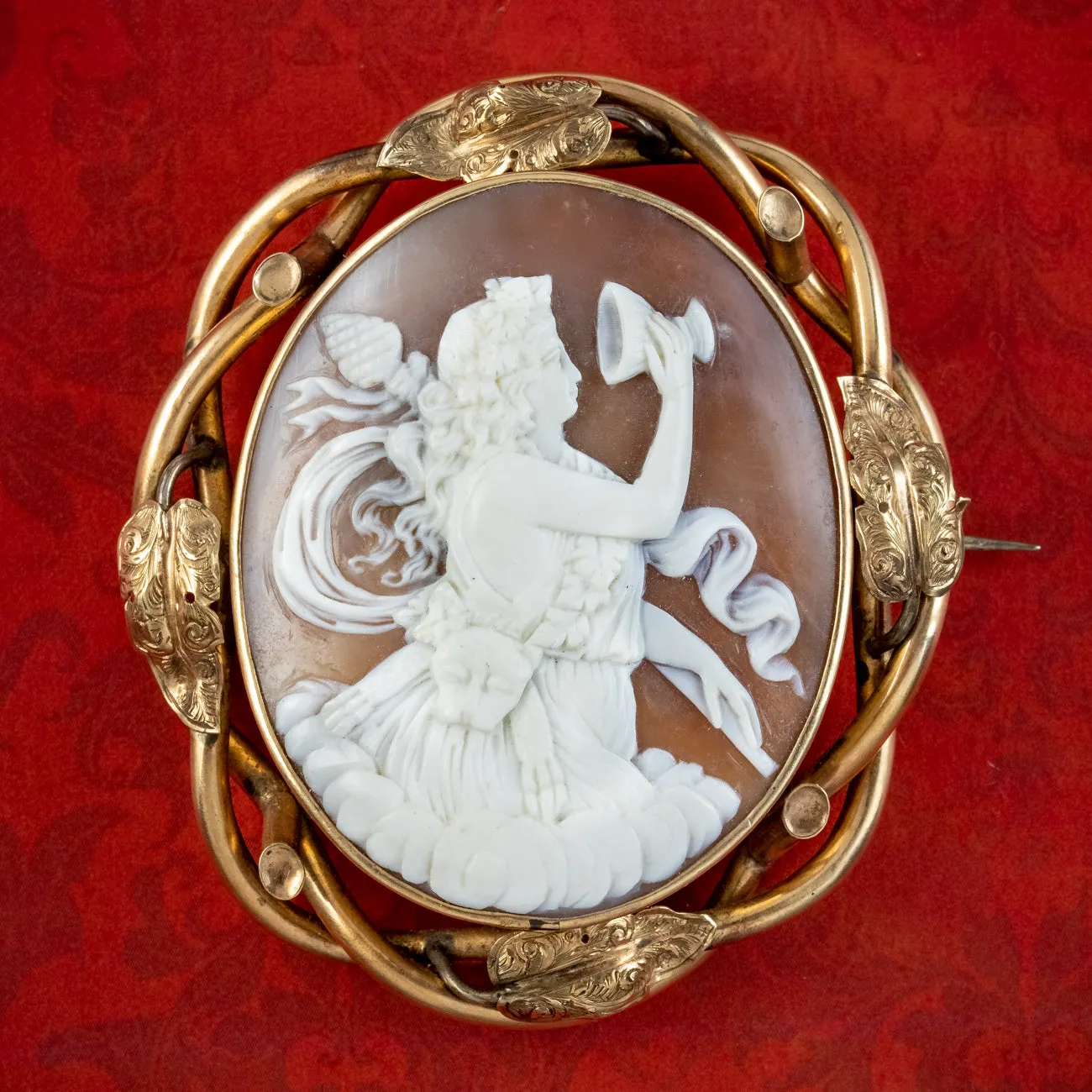 Antique Victorian Bacchus Shell Cameo Brooch Pinchbeck Frame