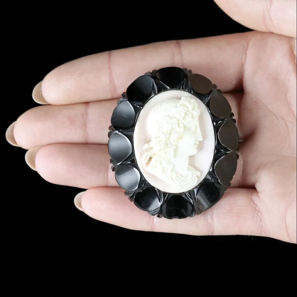 Antique Victorian Jet Coral Cameo Brooch Circa 1870