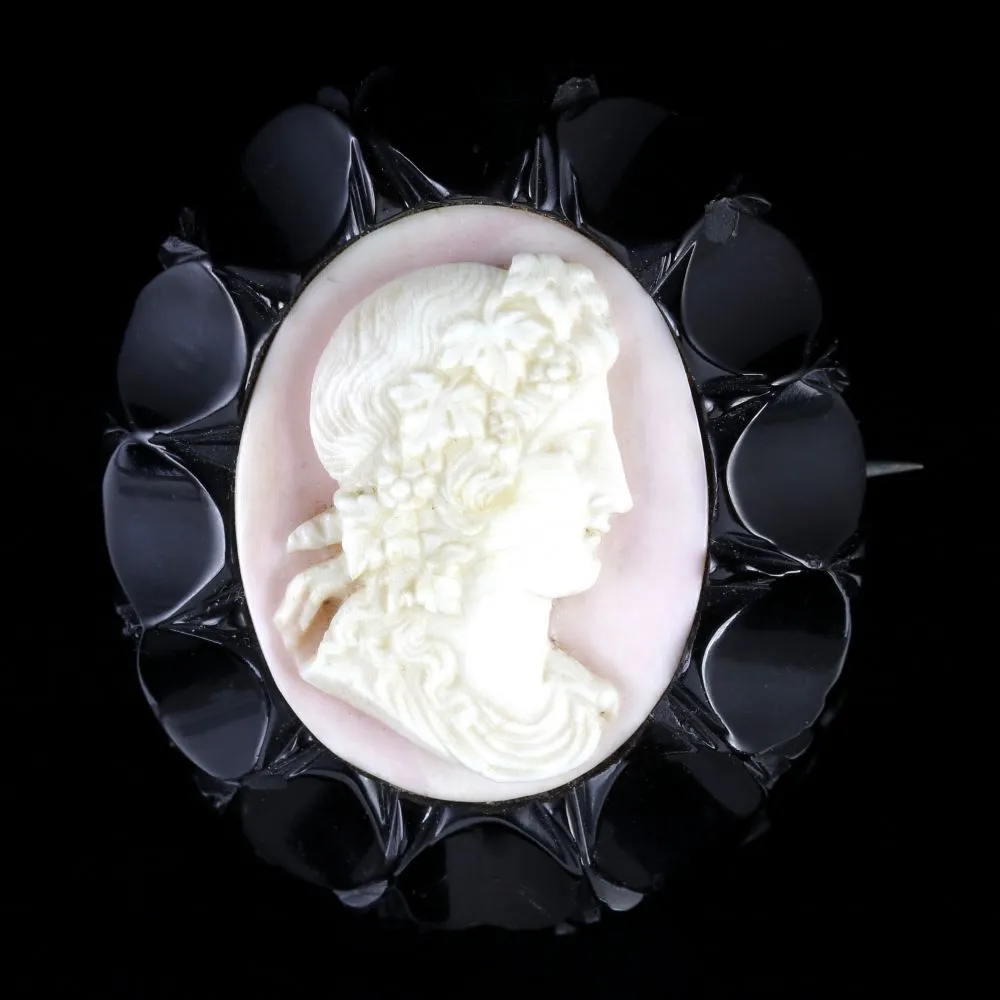 Antique Victorian Jet Coral Cameo Brooch Circa 1870