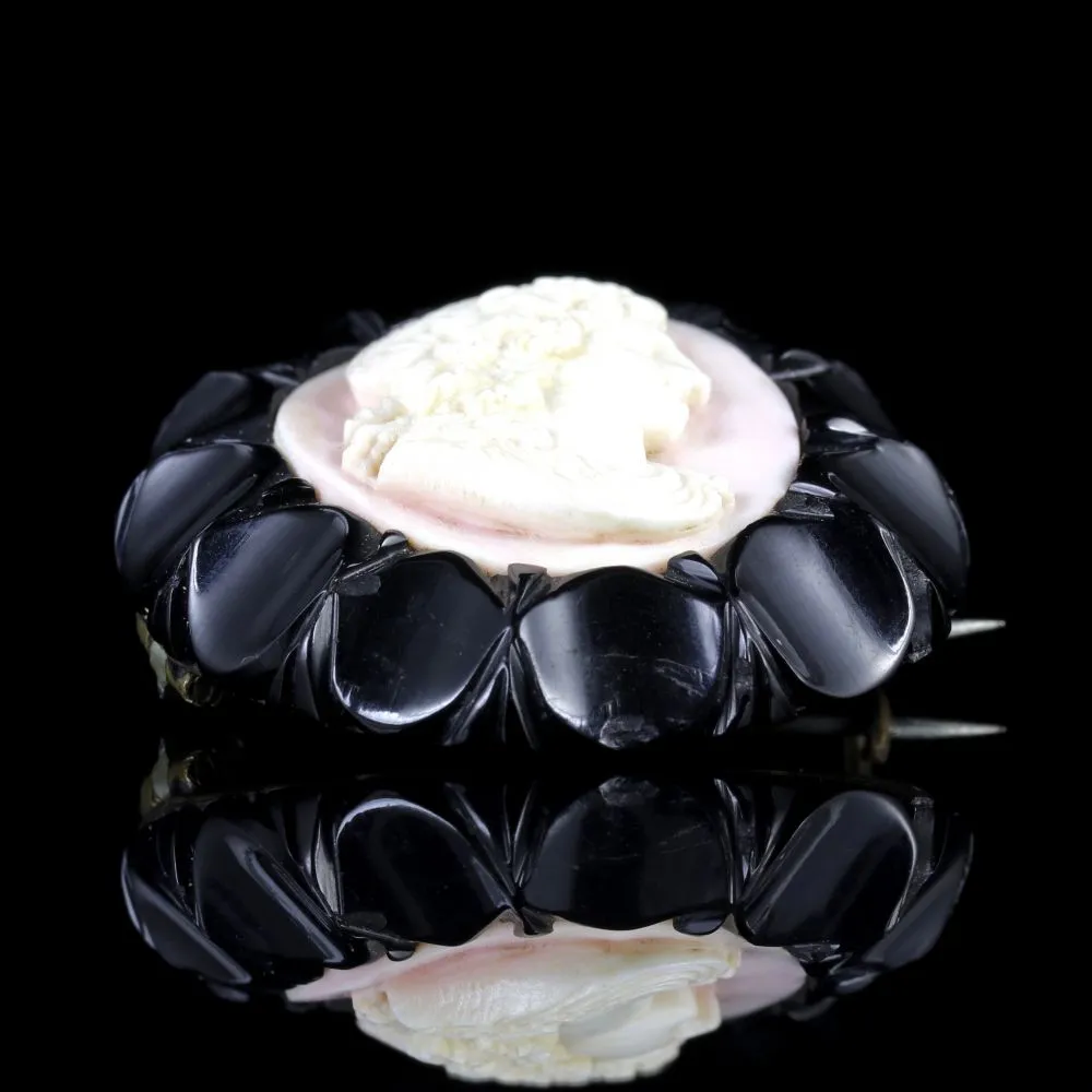 Antique Victorian Jet Coral Cameo Brooch Circa 1870