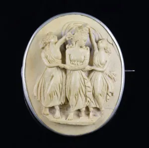 Antique Victorian Volcanic Lava Cameo Brooch Silver Circa 1860 Three Graces