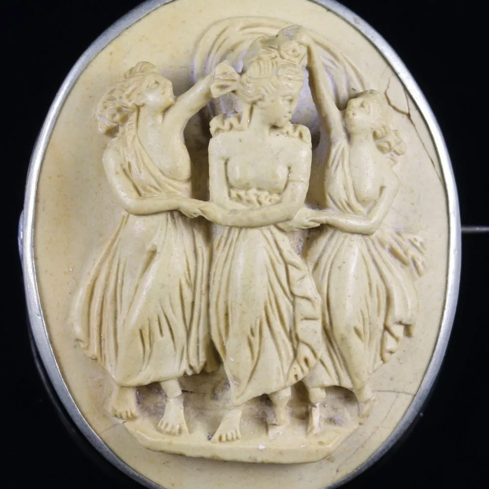 Antique Victorian Volcanic Lava Cameo Brooch Silver Circa 1860 Three Graces