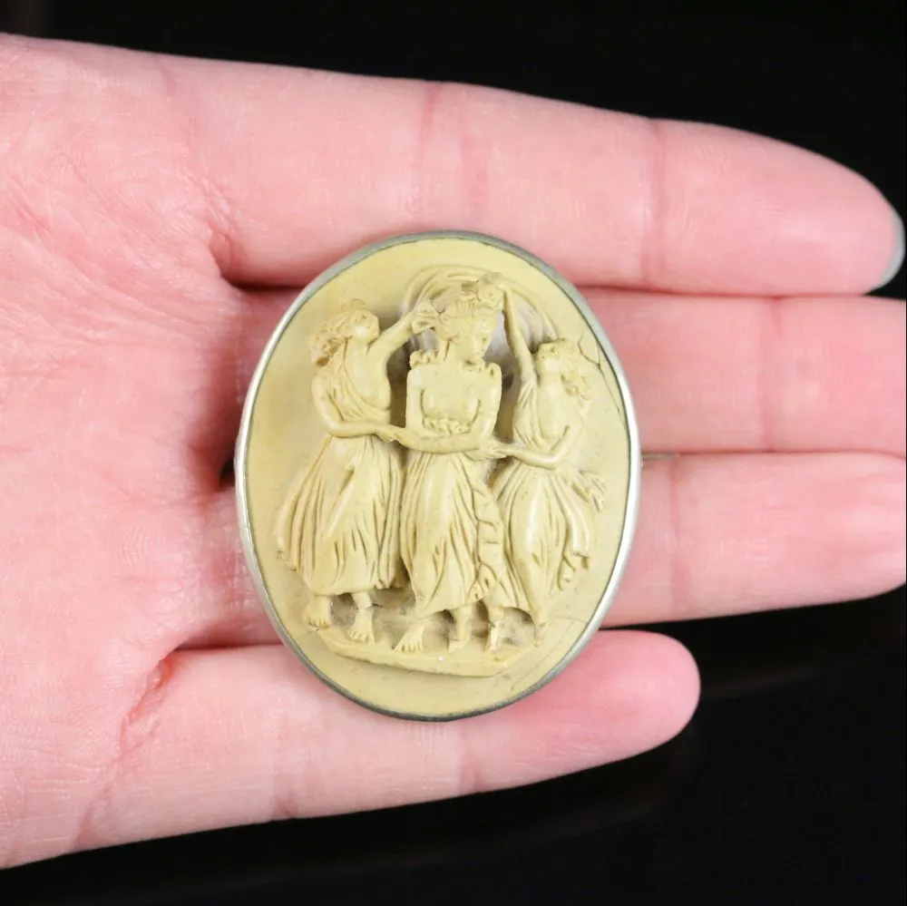 Antique Victorian Volcanic Lava Cameo Brooch Silver Circa 1860 Three Graces