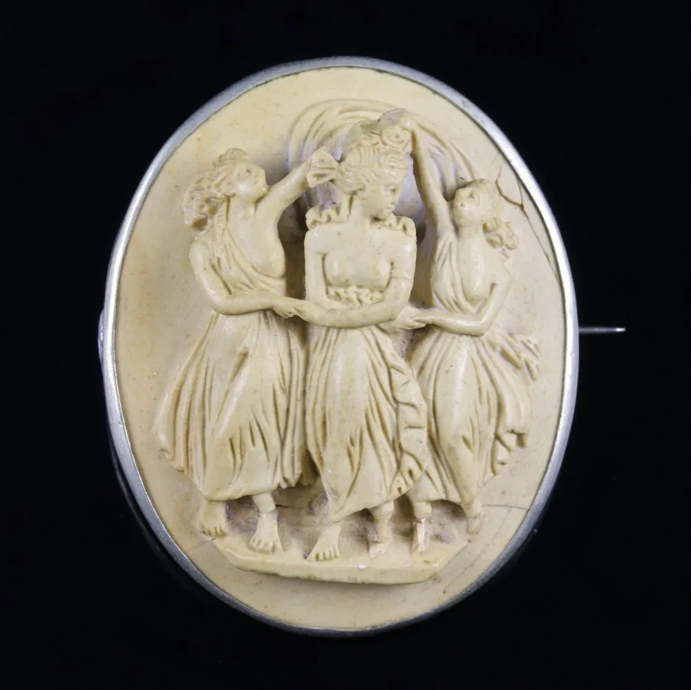 Antique Victorian Volcanic Lava Cameo Brooch Silver Circa 1860 Three Graces