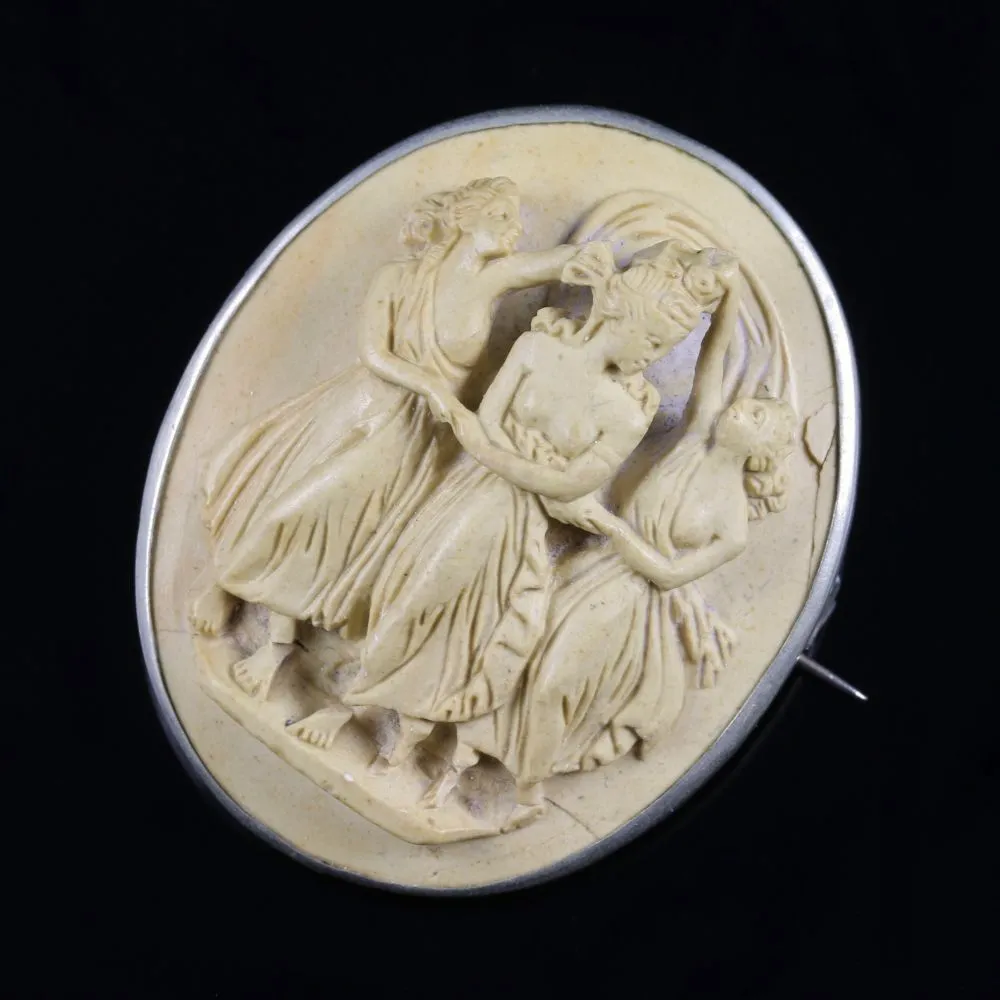 Antique Victorian Volcanic Lava Cameo Brooch Silver Circa 1860 Three Graces