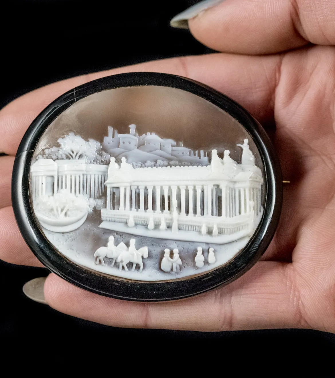 Antique Victorian Whitby Jet Edinburgh Cameo Brooch Circa 1860