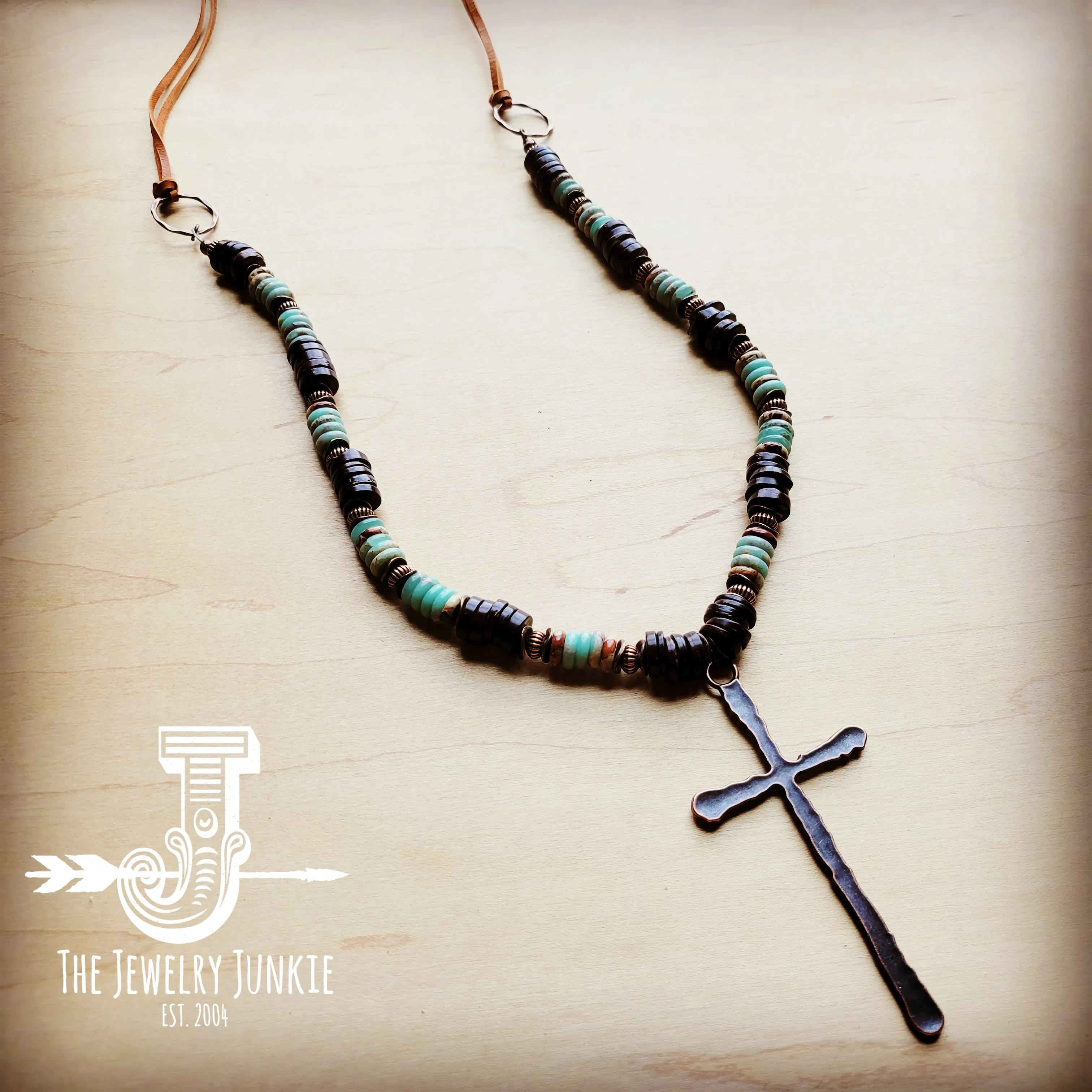 Aqua Terra Wood Necklace with Copper Cross 237d