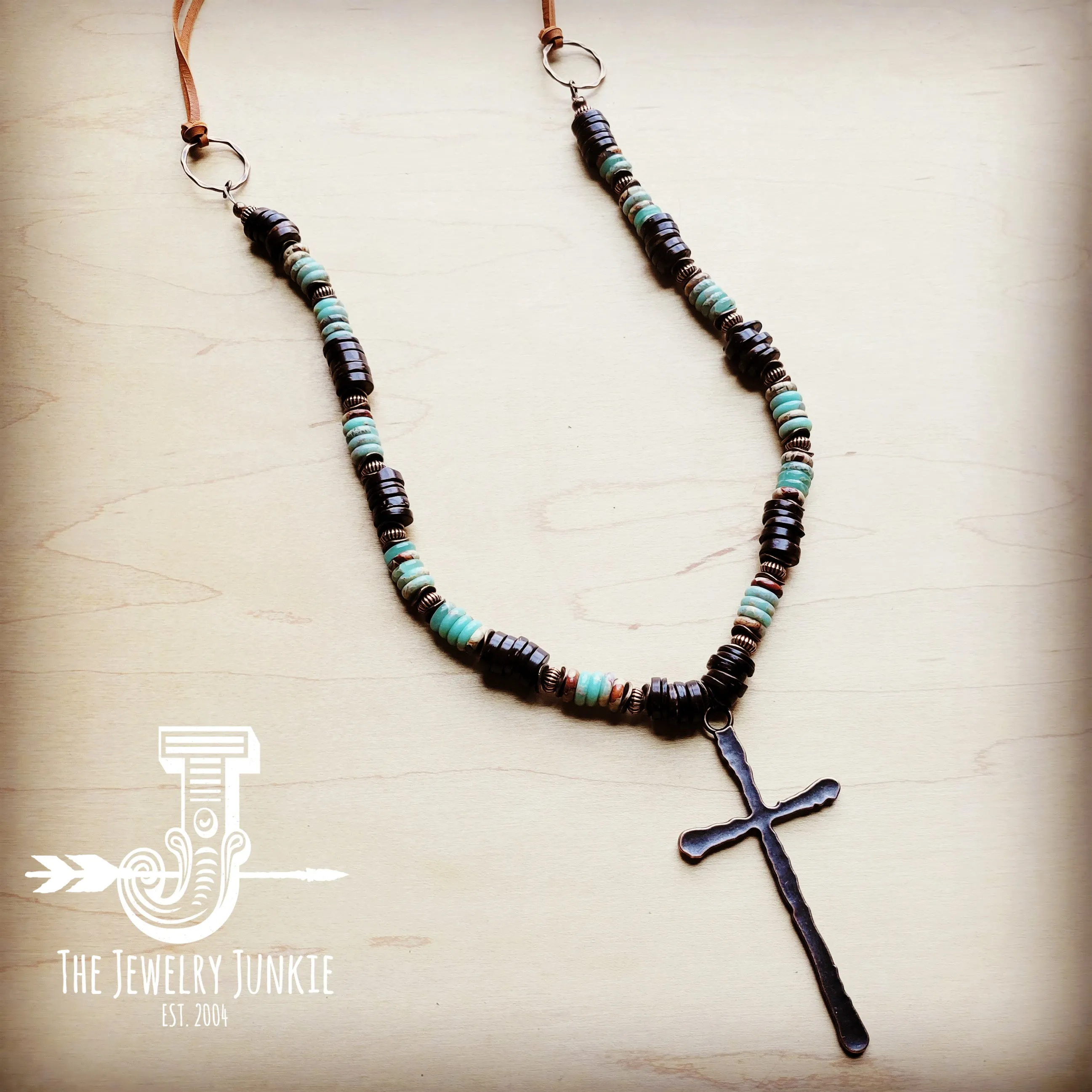 Aqua Terra Wood Necklace with Copper Cross 237d