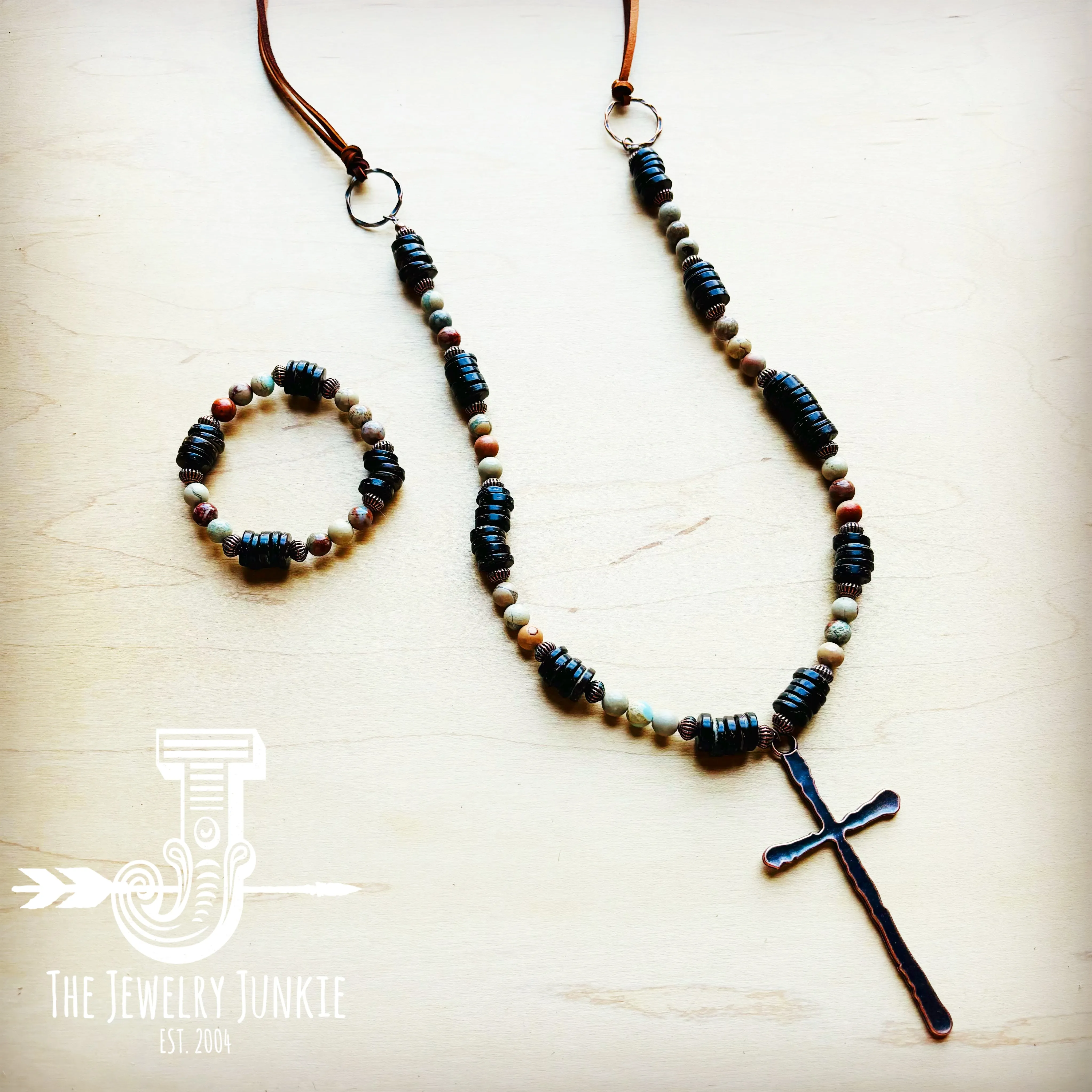 Aqua Terra Wood Necklace with Copper Cross 237d