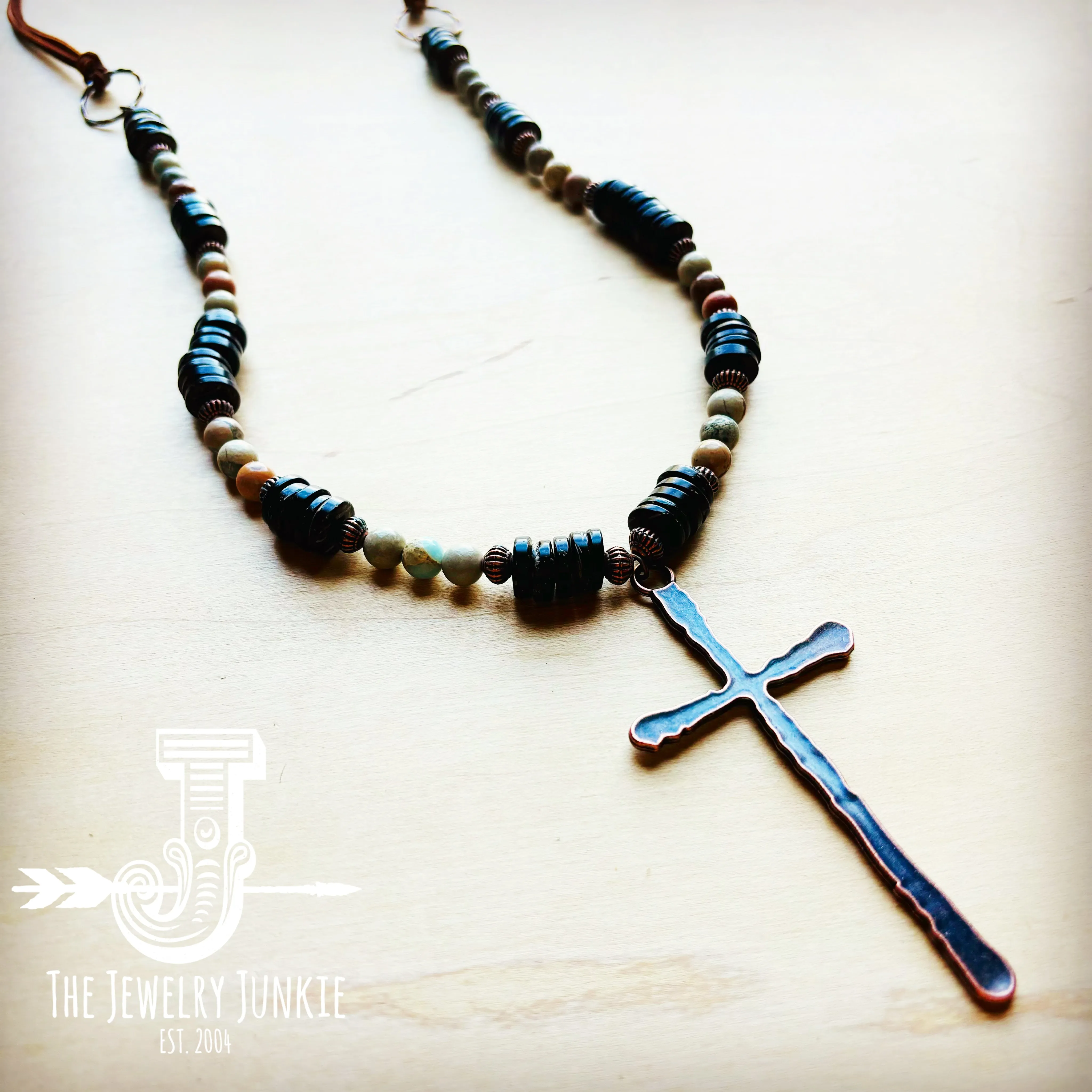Aqua Terra Wood Necklace with Copper Cross 237d