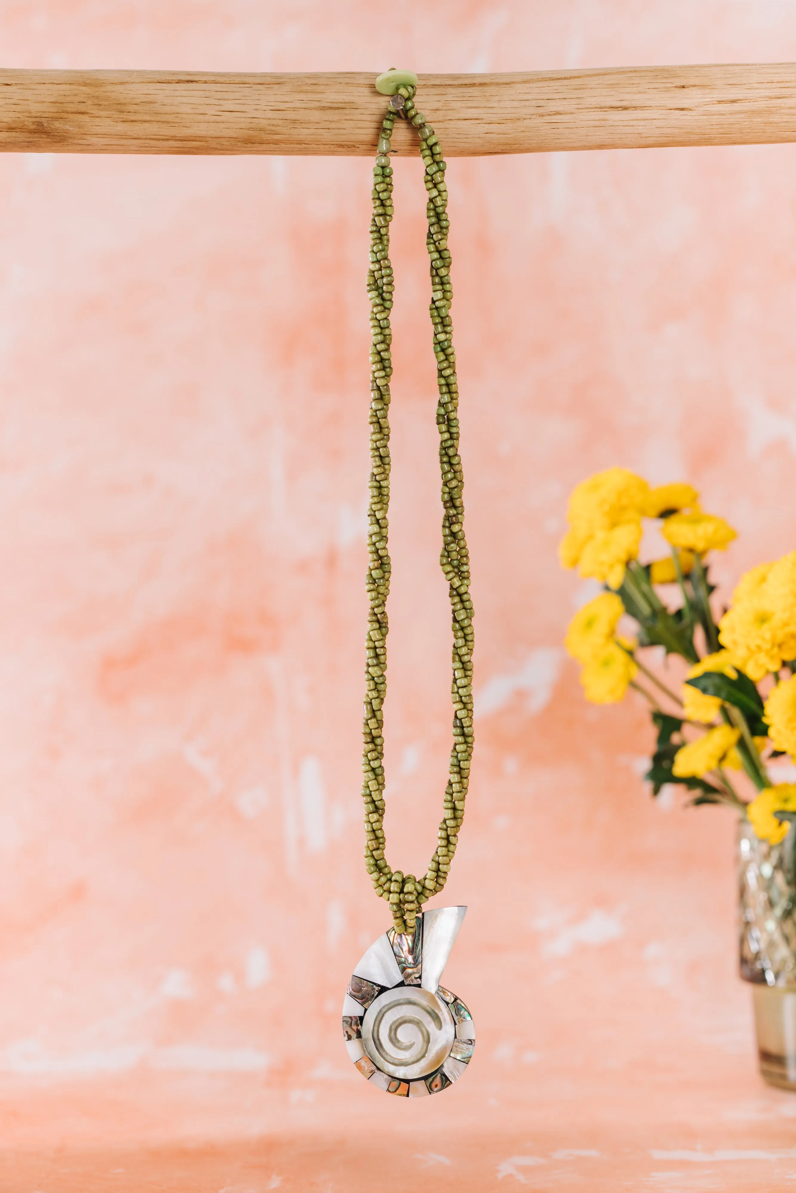Bead Necklace with Nautilus Shell Pendant - Lime Green (NCK 018)