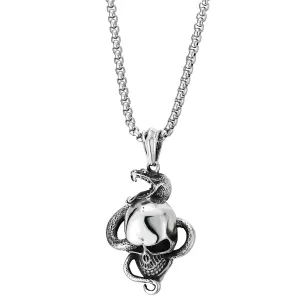 COOLSTEELANDBEYOND Men Stainless Steel Snake Skull Pendant Necklace, Punk Rock, 30 inches Wheat Chain