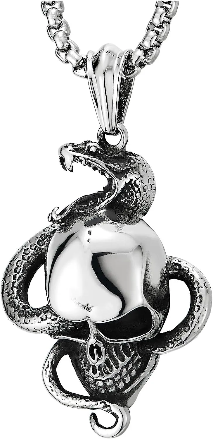 COOLSTEELANDBEYOND Men Stainless Steel Snake Skull Pendant Necklace, Punk Rock, 30 inches Wheat Chain