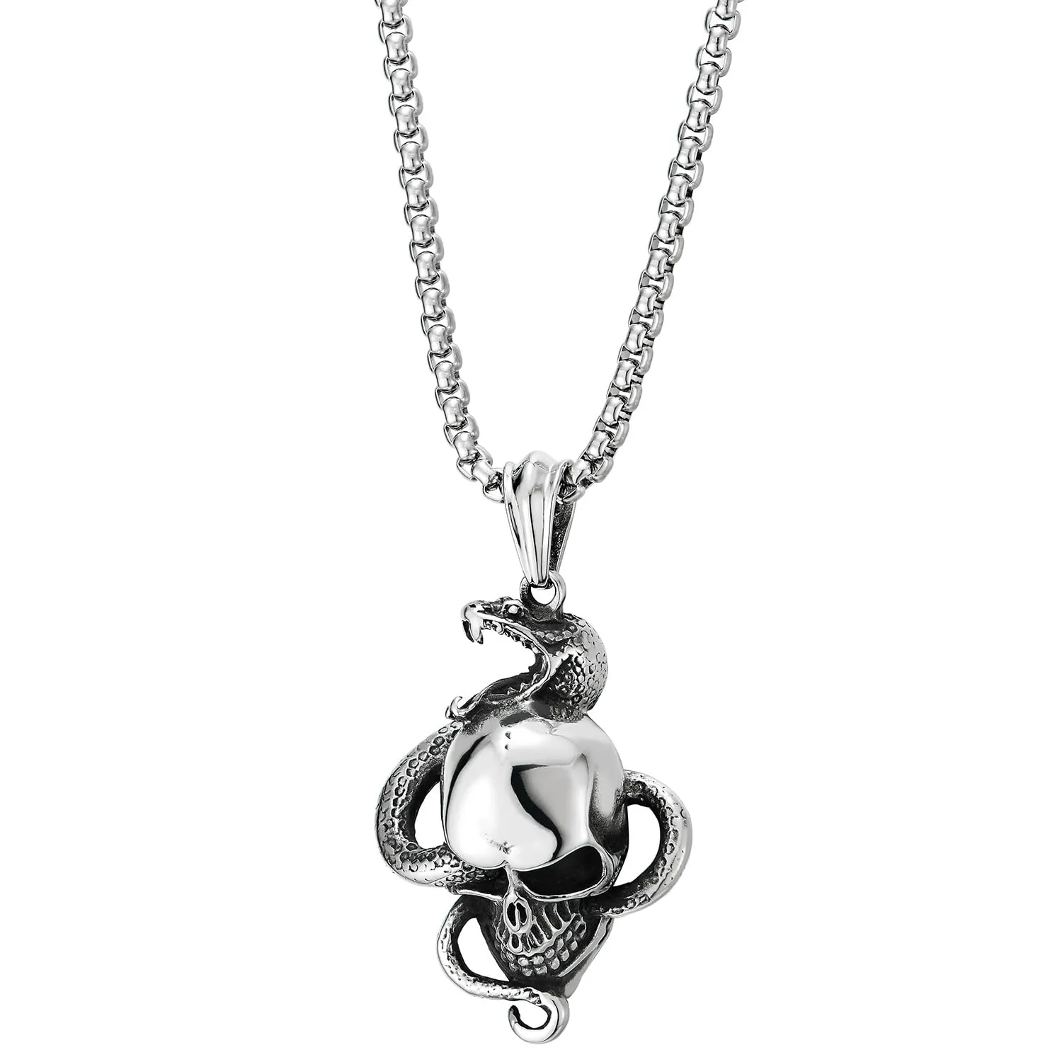 COOLSTEELANDBEYOND Men Stainless Steel Snake Skull Pendant Necklace, Punk Rock, 30 inches Wheat Chain