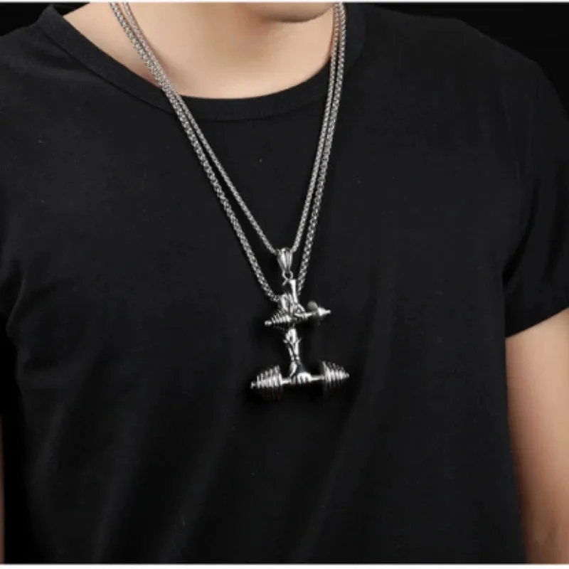 Creative Men Hip Hop Dumbbell Barbell Pendant Punk Necklaces for Men Stainless Steel Jewelry Accessories Party Anniversary Gift