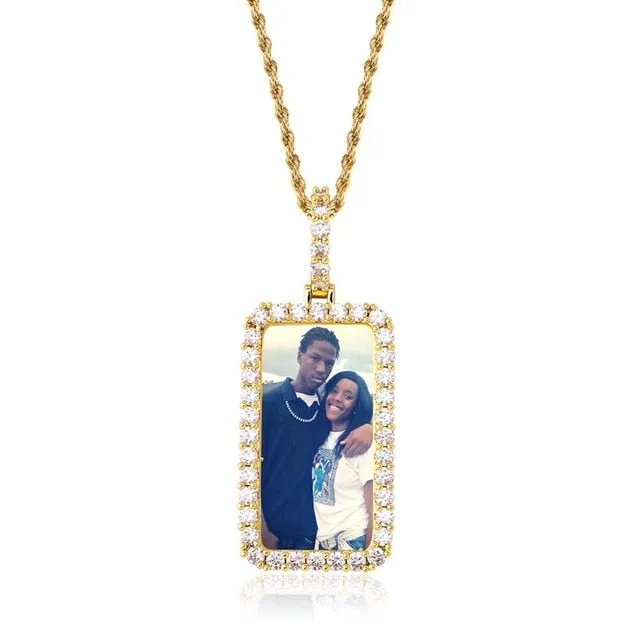 Custom Square Photo Medallion Necklace With Sparkle Stone