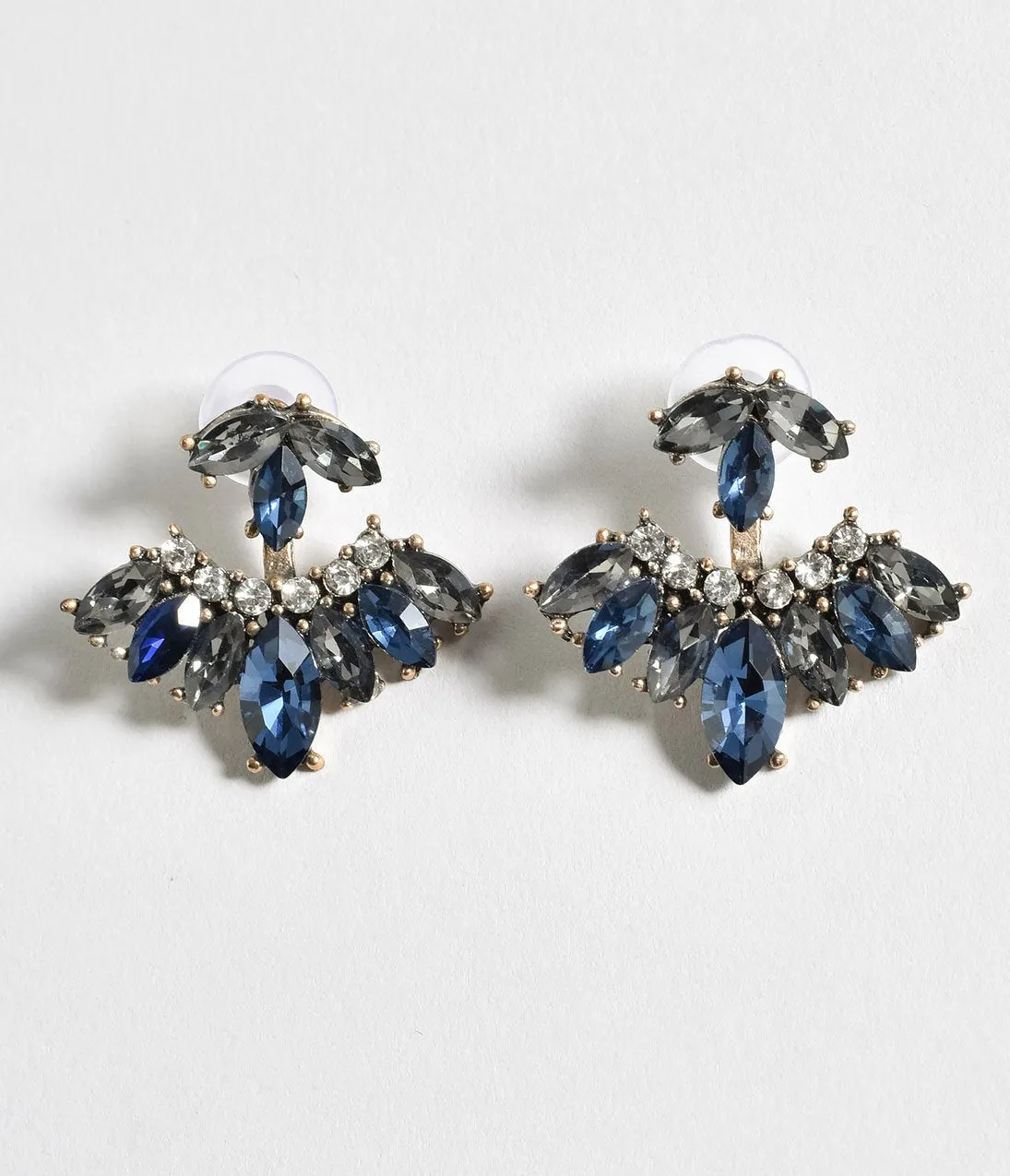 Dark Blue & Silver Gem Rhinestone Fan Drop Earrings