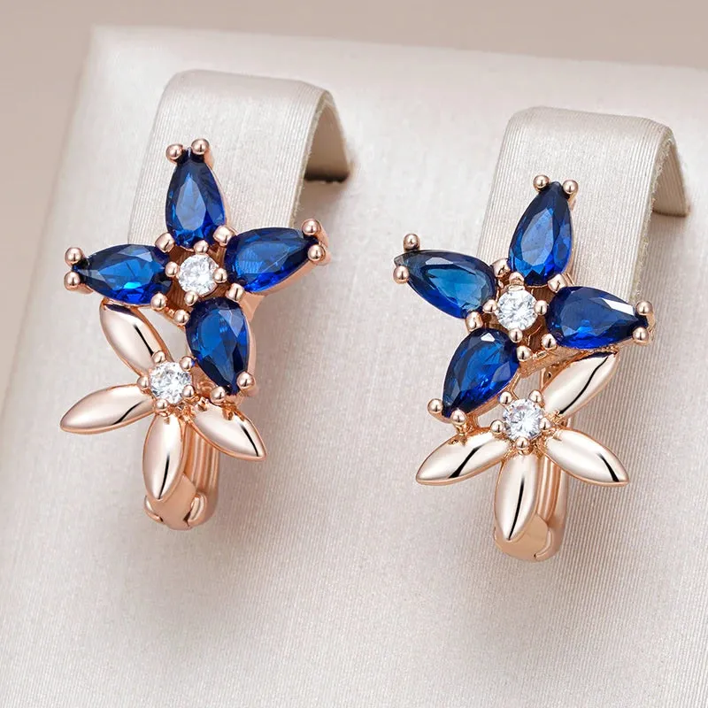 Elegant Rose Gold Crystal Flower Drop Earrings with Blue Zircon for Women  Vintage Jewelry