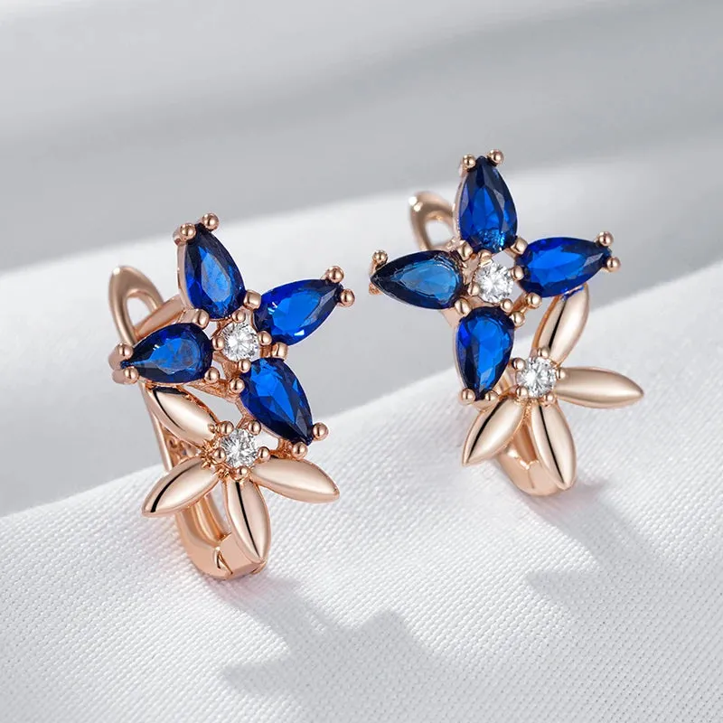 Elegant Rose Gold Crystal Flower Drop Earrings with Blue Zircon for Women  Vintage Jewelry