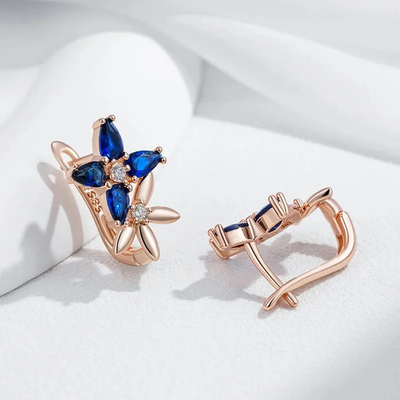 Elegant Rose Gold Crystal Flower Drop Earrings with Blue Zircon for Women  Vintage Jewelry