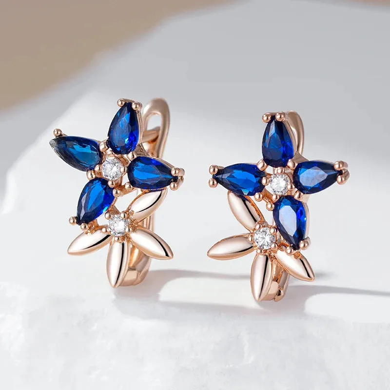 Elegant Rose Gold Crystal Flower Drop Earrings with Blue Zircon for Women  Vintage Jewelry