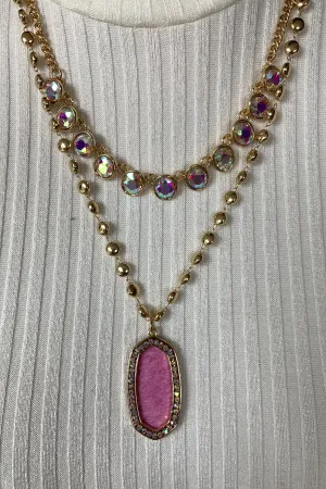 Emma Double Layer Gold Chain Necklace With AB Crystals And Large Pink Pendant