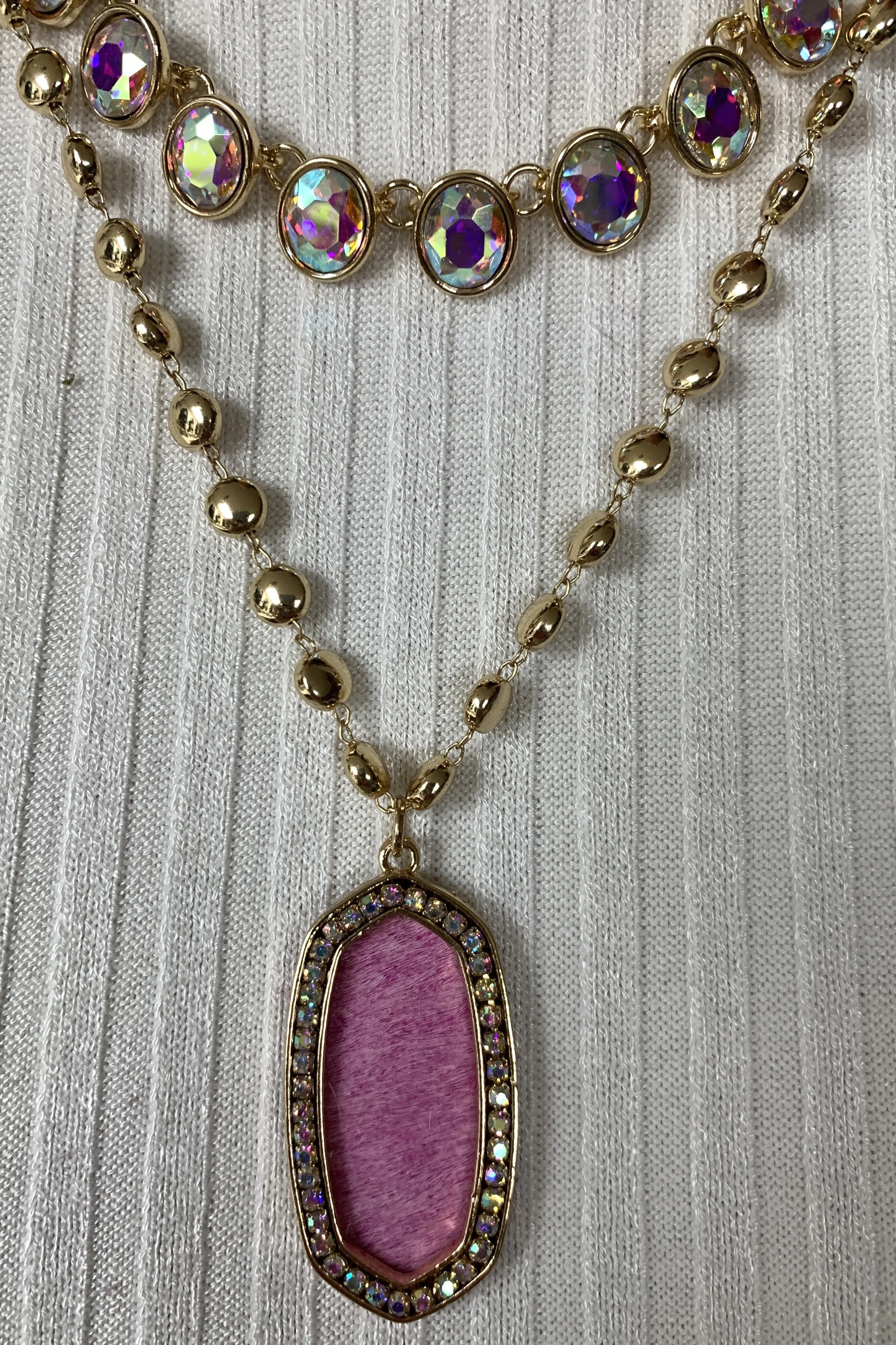 Emma Double Layer Gold Chain Necklace With AB Crystals And Large Pink Pendant