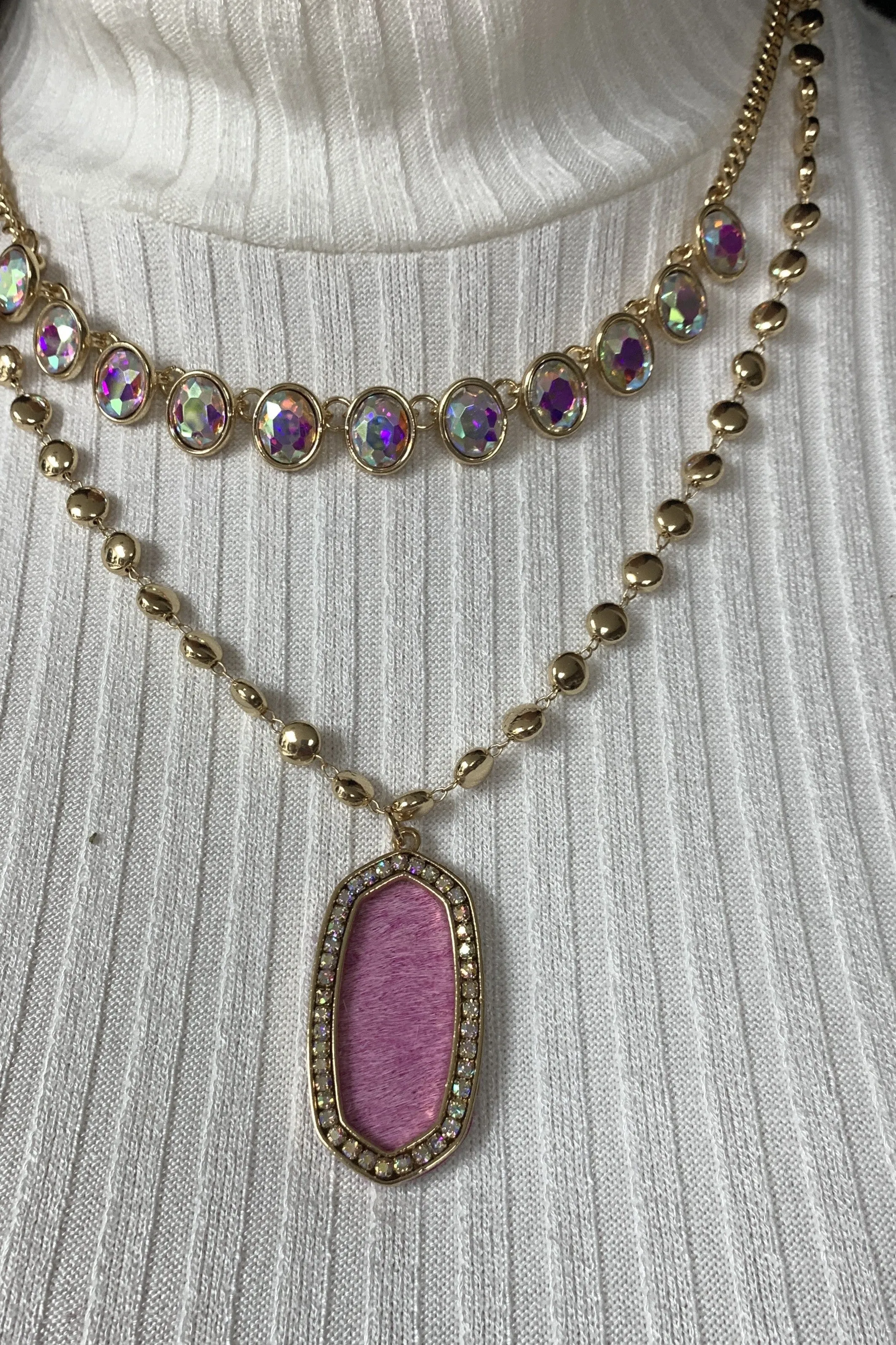 Emma Double Layer Gold Chain Necklace With AB Crystals And Large Pink Pendant