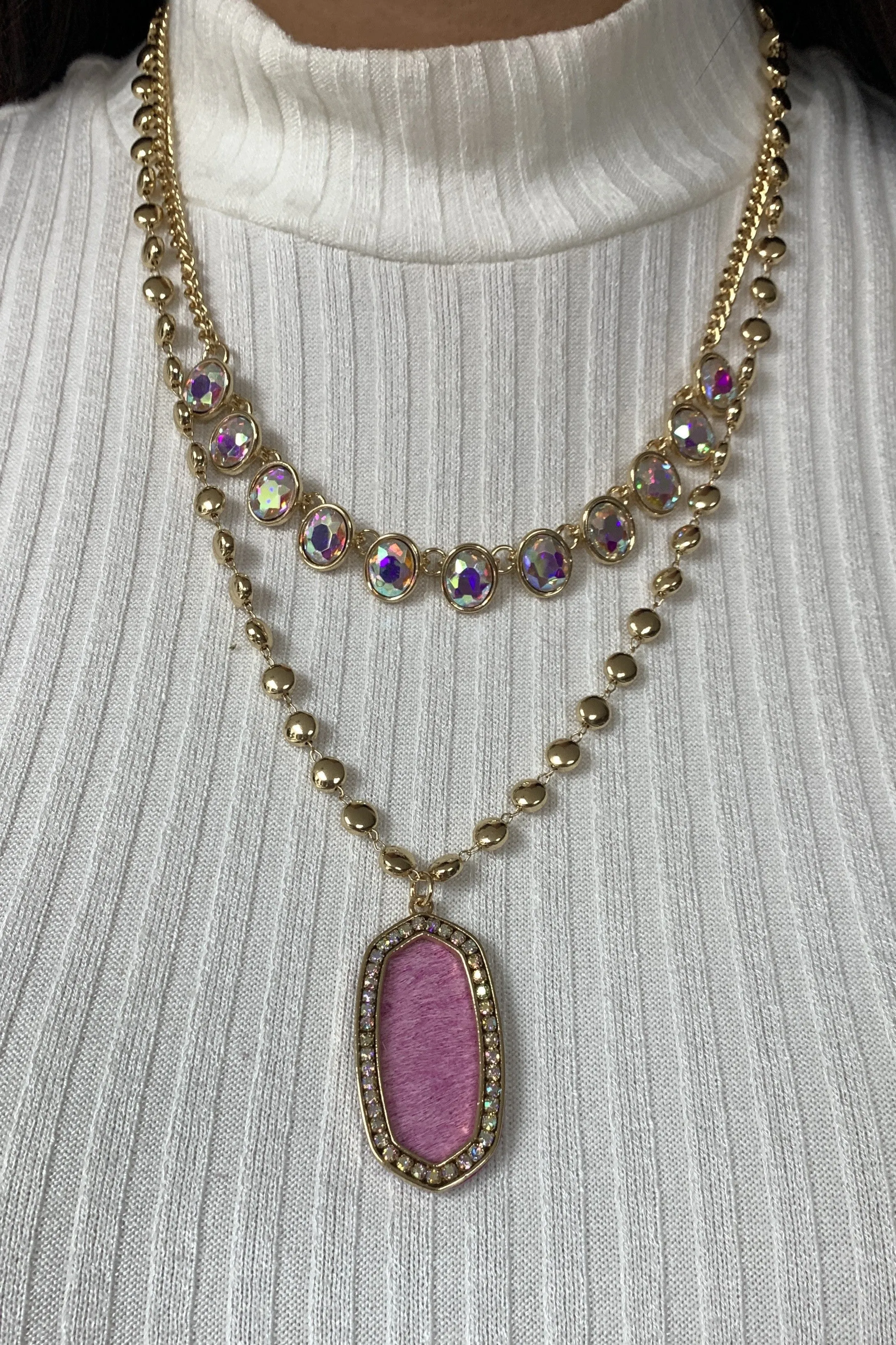 Emma Double Layer Gold Chain Necklace With AB Crystals And Large Pink Pendant