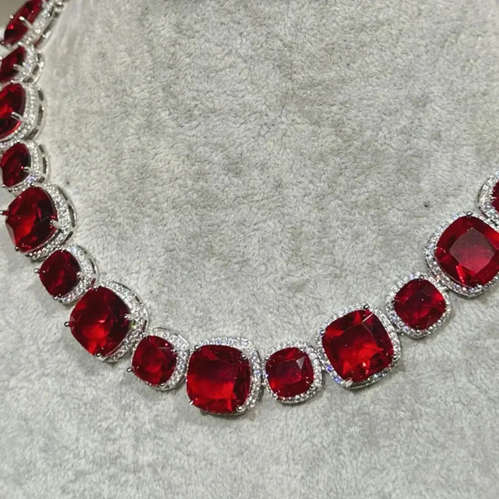 Fashion Red Square Crystal Necklace Earrings Party Jewelry Set
