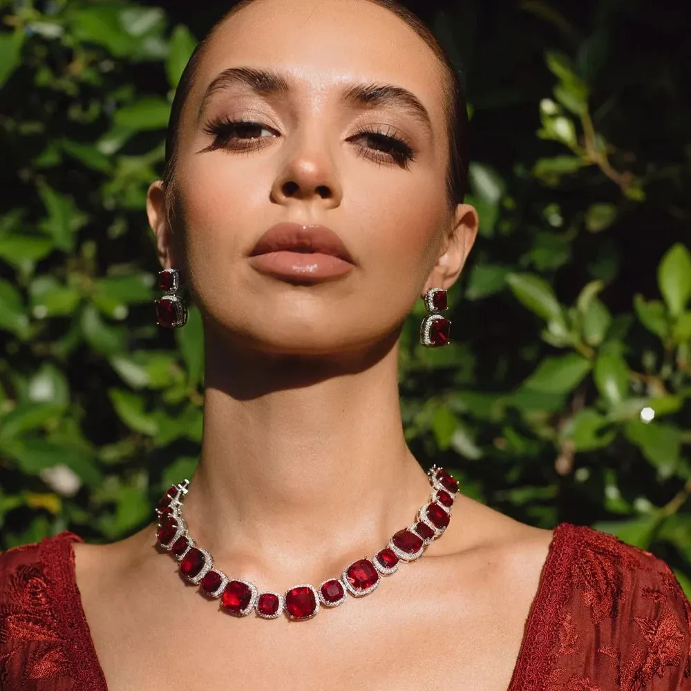 Fashion Red Square Crystal Necklace Earrings Party Jewelry Set