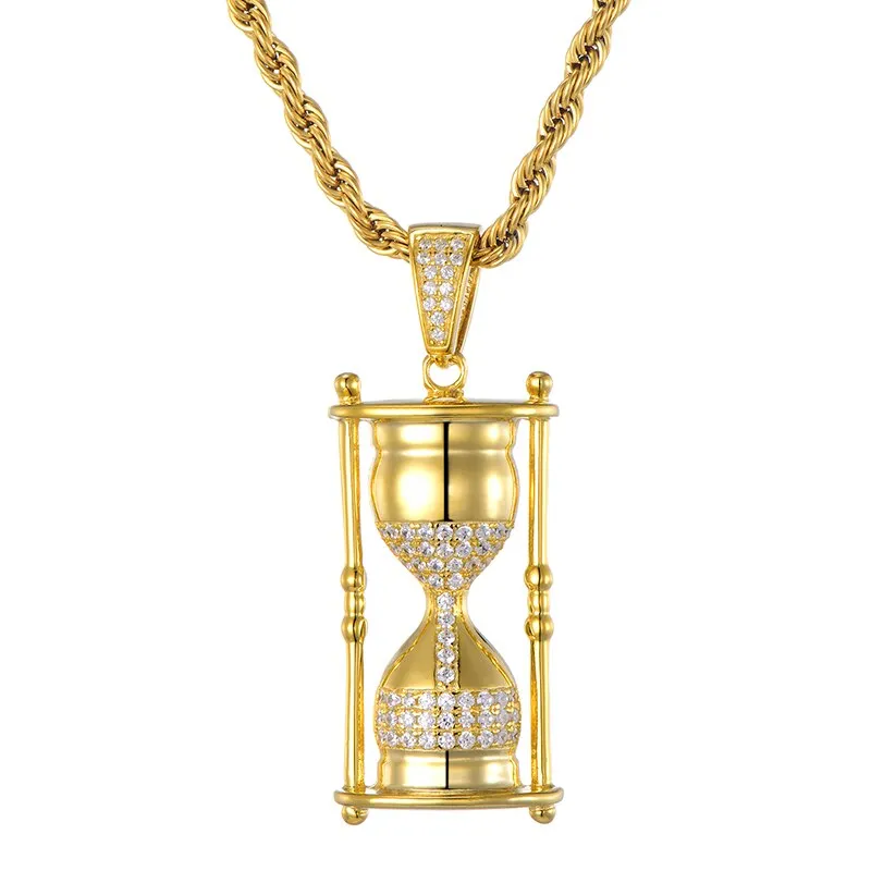 Hip Full Iced Out Bling Hourglass Cubic Zirconia CZ Necklace Rhinestone Rope Chain Pendants & Necklaces For Men Jewelry
