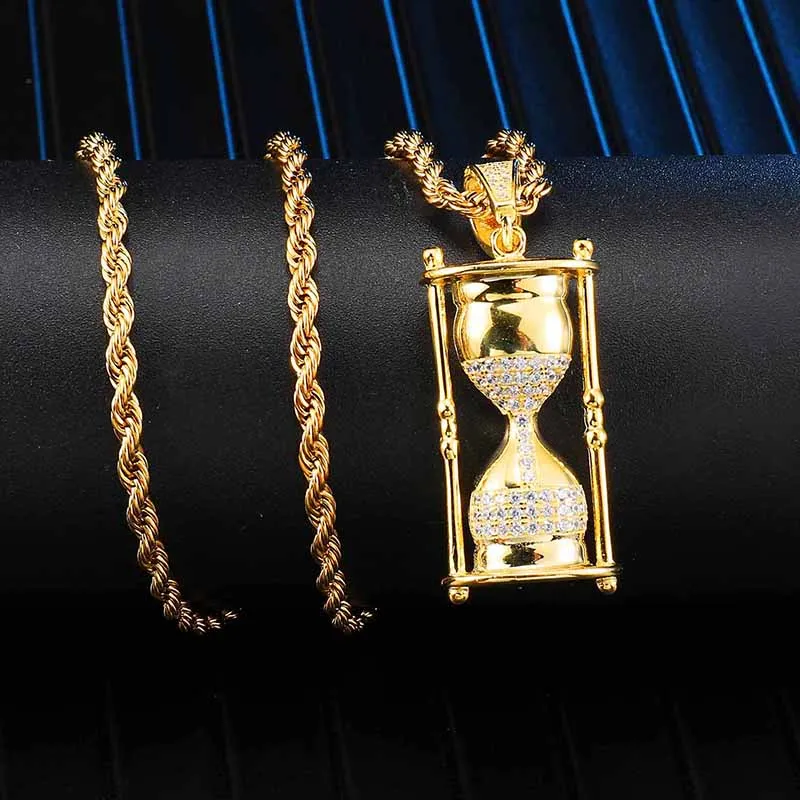 Hip Full Iced Out Bling Hourglass Cubic Zirconia CZ Necklace Rhinestone Rope Chain Pendants & Necklaces For Men Jewelry