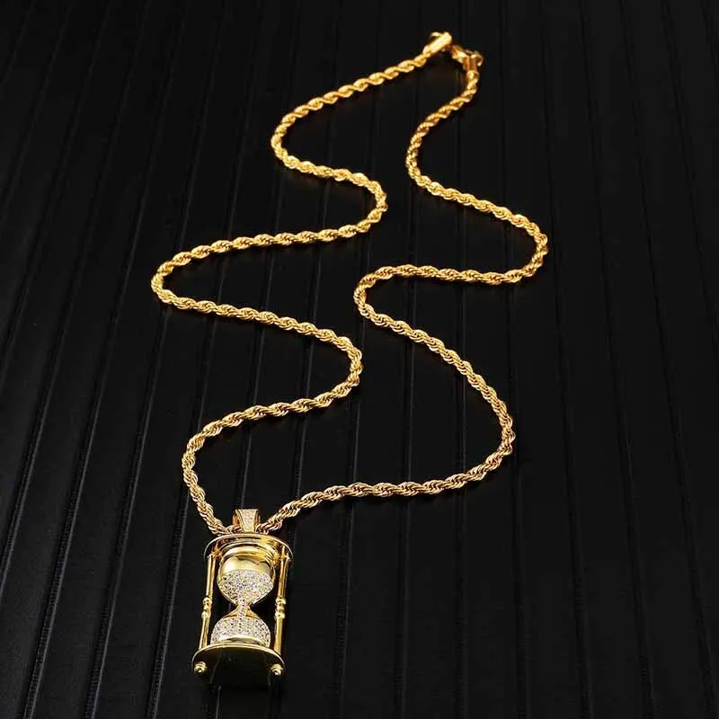 Hip Full Iced Out Bling Hourglass Cubic Zirconia CZ Necklace Rhinestone Rope Chain Pendants & Necklaces For Men Jewelry