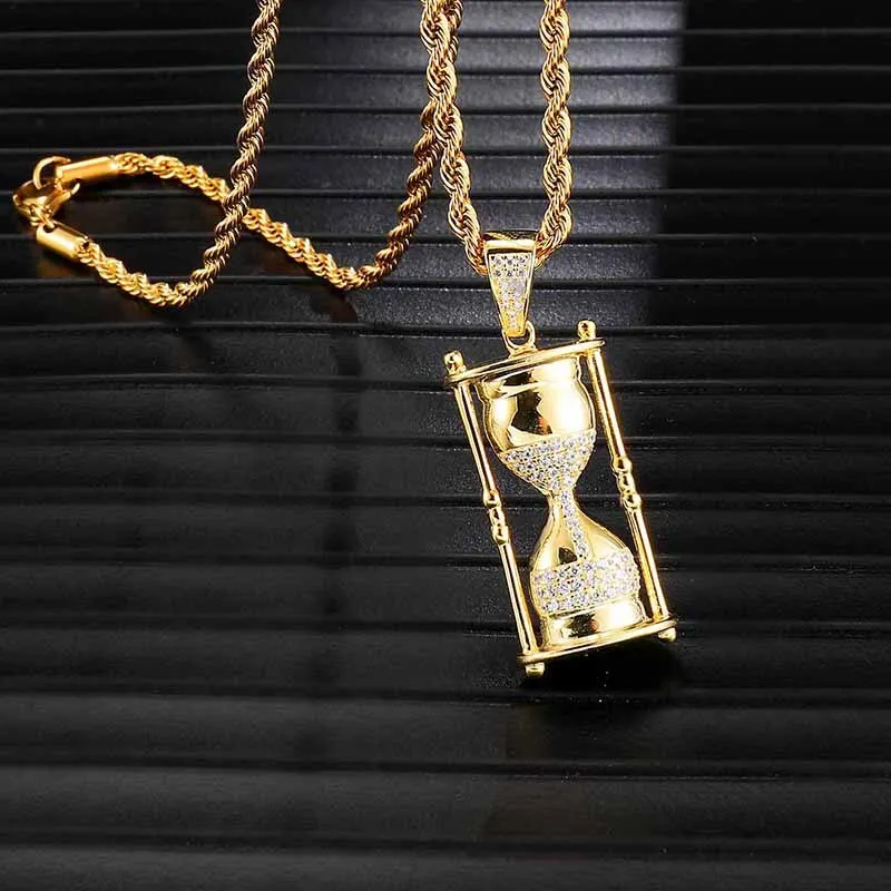 Hip Full Iced Out Bling Hourglass Cubic Zirconia CZ Necklace Rhinestone Rope Chain Pendants & Necklaces For Men Jewelry