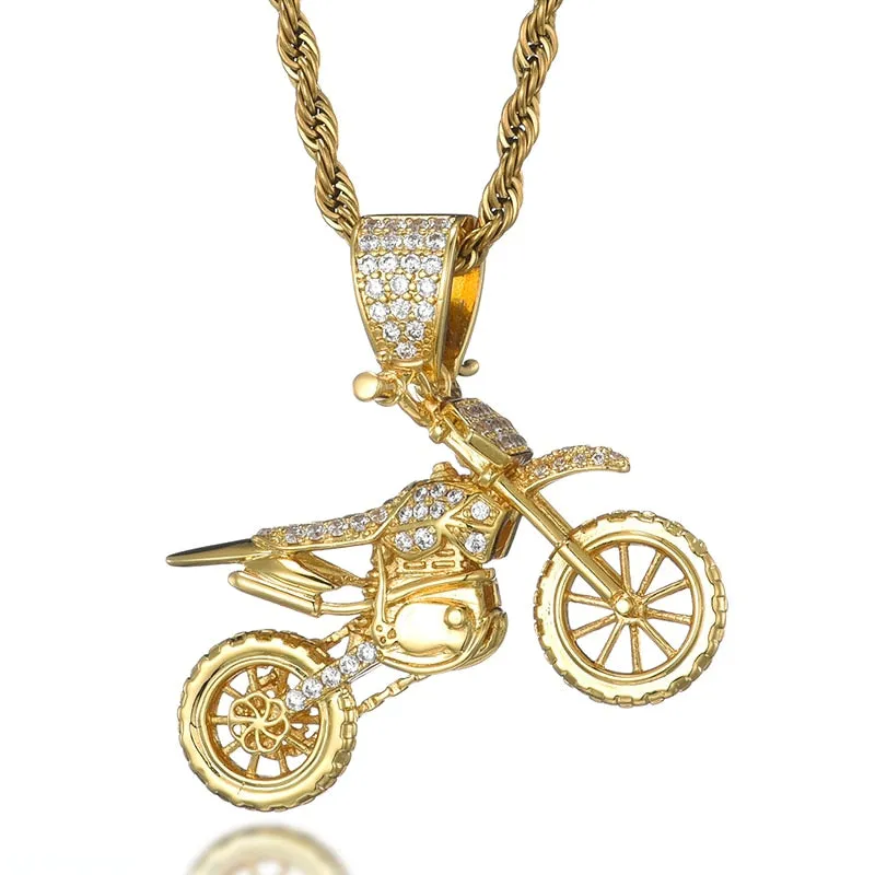 HIP Hop Full AAA Iced Out Bling CZ Cubic Zircon Copper Motorcycle Pendants &amp; Necklaces For Men Jewelry With Tennis Chain