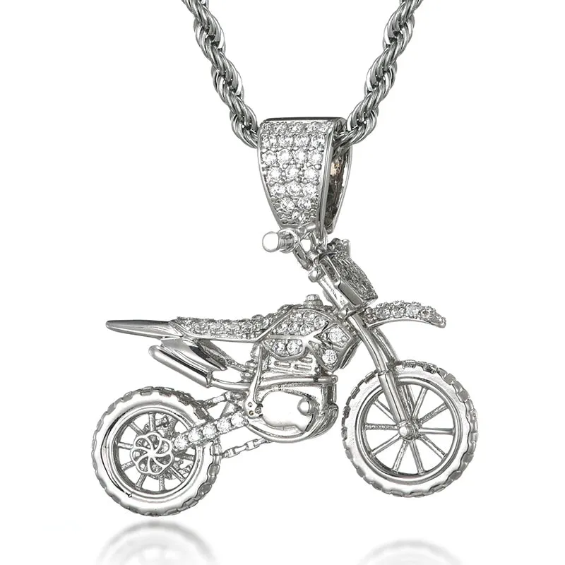 HIP Hop Full AAA Iced Out Bling CZ Cubic Zircon Copper Motorcycle Pendants &amp; Necklaces For Men Jewelry With Tennis Chain