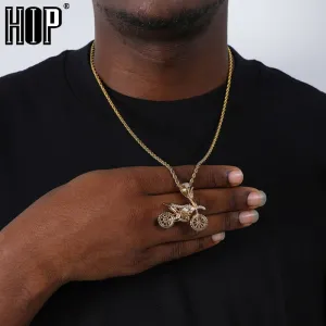 HIP Hop Full AAA Iced Out Bling CZ Cubic Zircon Copper Motorcycle Pendants &amp; Necklaces For Men Jewelry With Tennis Chain