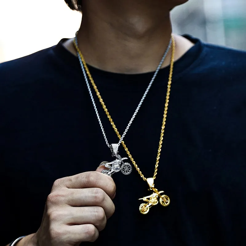 HIP Hop Full AAA Iced Out Bling CZ Cubic Zircon Copper Motorcycle Pendants &amp; Necklaces For Men Jewelry With Tennis Chain