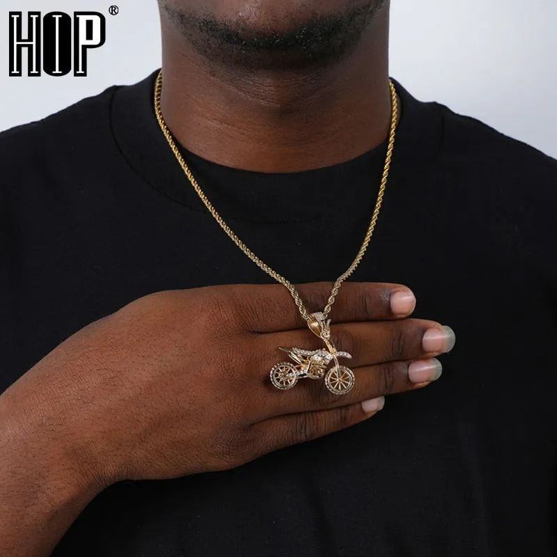 HIP Hop Full AAA Iced Out Bling CZ Cubic Zircon Copper Motorcycle Pendants &amp; Necklaces For Men Jewelry With Tennis Chain