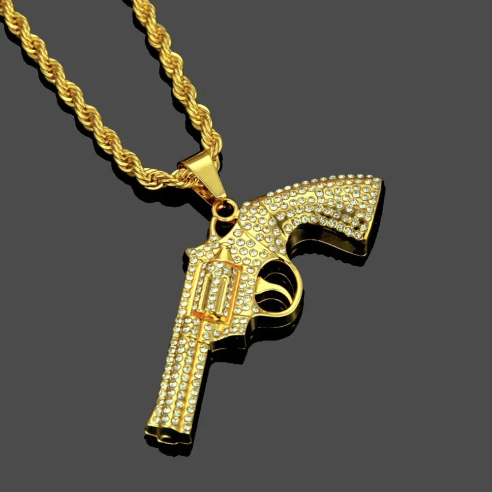 Hip Hop Jewelry Revolver Gun Pendant Necklaces for Men in Gold Color